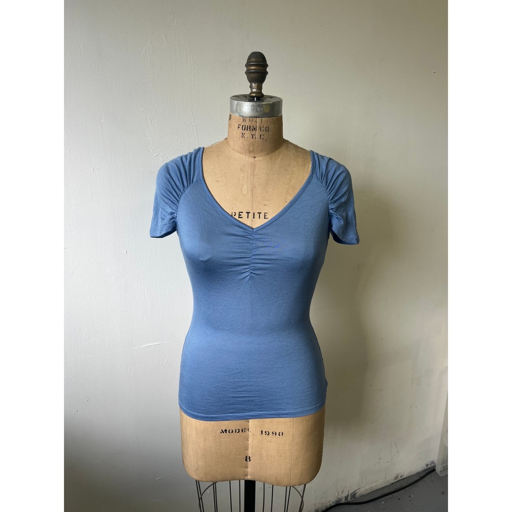 The Limited Blue Modal V-Neck Ruched Short Sleeve Top XS Slim Fit Stretch
